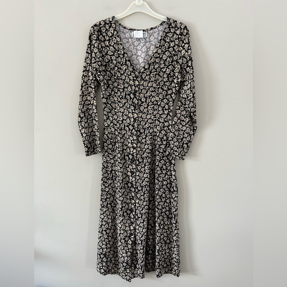 Vintage Floral Daisy Black Tan Tailored V-neck Button Front Long Sleeve Dress - Picture 2 of 7